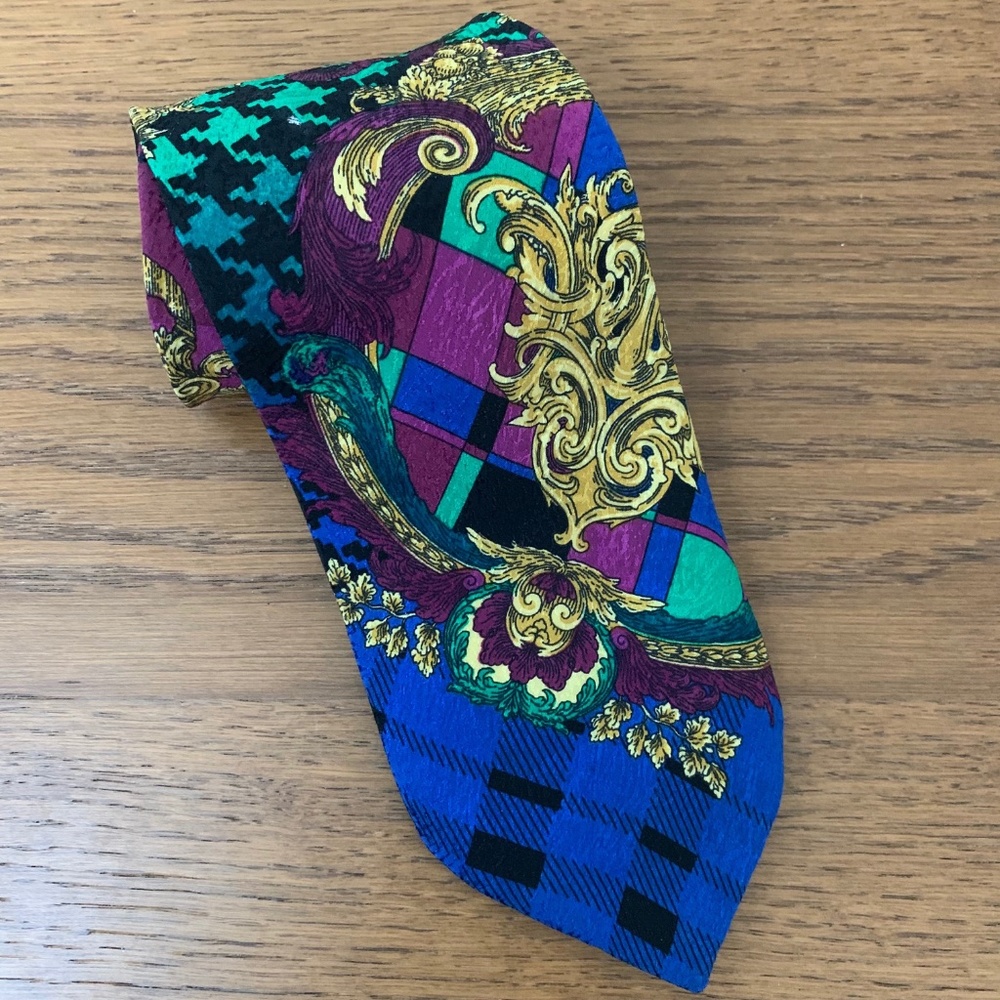 V2 By VERSACE Made in ITALY 100% Silk Mens Neck Dress TIE Baroque 90's Gold Blue